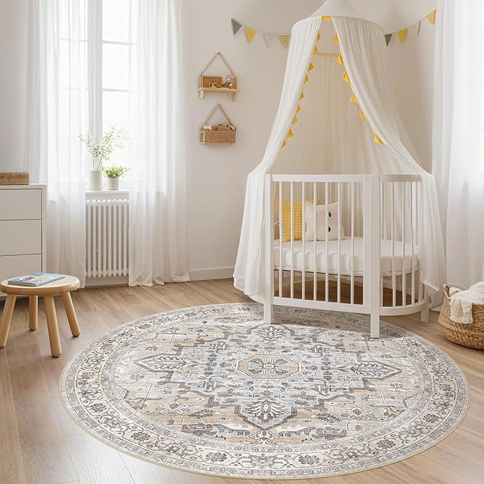 Round Rug Living Room Rugs: 5Ft Washable Boho Neutral Large Circle Soft Indoor Distressed Stain Resistant Floor Farmhouse Carpet for Bedroom Nursery Kids Playroom Office Dining Room Dorm- Cream Gray