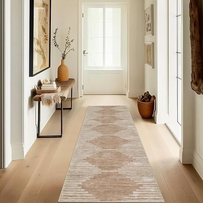 HelloTree Hallway Runner Rug，2x6 Moroccan Modern Stripe Carpet Washable Machine Bathroom Runner Bohemian Modern Soft Non Slip Indoor Rug for Entryway Hallway Laundry Room Bedroom-Pink&Khaki