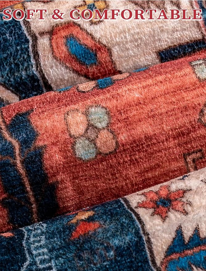 SERISSA Runner Rug for Hallways, 3x12 Washable Non Slip Kitchen Runner Rug, Extra Long Boho Rug Ultra Soft Vintage Rust Print Floor Carpet for Bedroom Hallway Entryway Bathroom Laundry Room