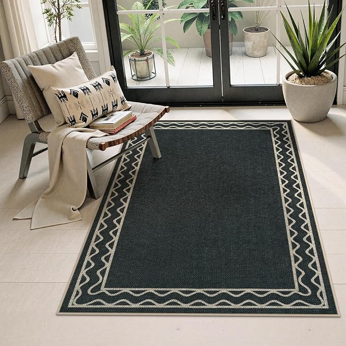 OJIA Easy Jute Front Door Mats Outdoor Rug 3x5 Washable Rugs for Entryway, Wavy Border Black Indoor Outdoor Rugs Non-Slip Doormat Entry Rugs Farmhouse Area Rug for Porch Outside Kitchen Living Room