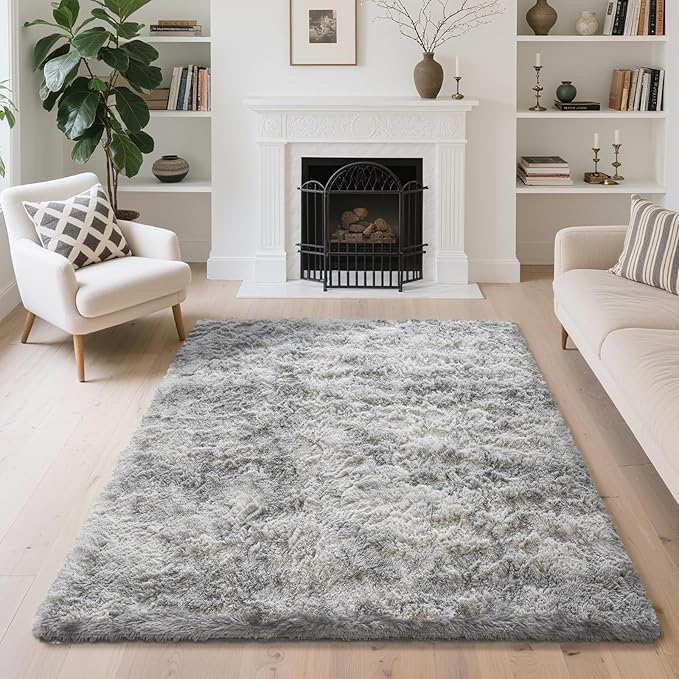 4x6 Area Rugs for Living Room Bedroom, Soft Fluffy Shaggy Bedside Rug, Indoor Floor Carpet for Kids Playroom, Dorms, Nursery Rooms, Home Decor (Tie-Dyed Light Grey 4'x6')
