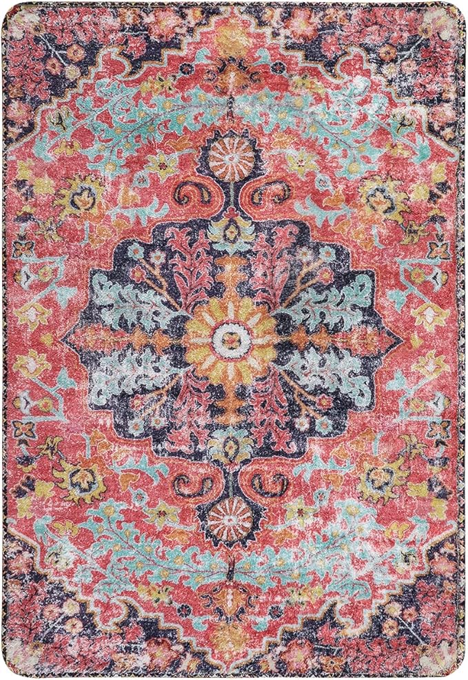 Lahome Bohemian Floral Medallion Area Rug - 2x3 Small Hot Pink Bath Rug Kitchen Sink Mat, Machine Washable Non-Slip Soft Indoor Carpet for Doormat Bedside Apartment Entrance, Fuchsia/Multi