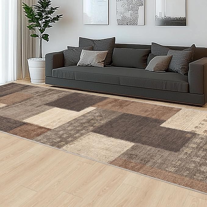 Modern Geometric Patchwork Indoor Runner Rug for Living Room, Beige 2.7'x 8' Large Rug Rockwood Collection Hardwood Floors Decor for Bedroom, Beige Throw Carpet for Office Entryway Dining Room