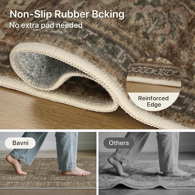 Bavni 2'6''x6 Rug Runners for Hallways, Washable Runner Rug Non Slip, Vintage Floral Print Style Rugs for Bedroom-Lightweight Low Pile Carpet for Hallways Bathroom, Brown