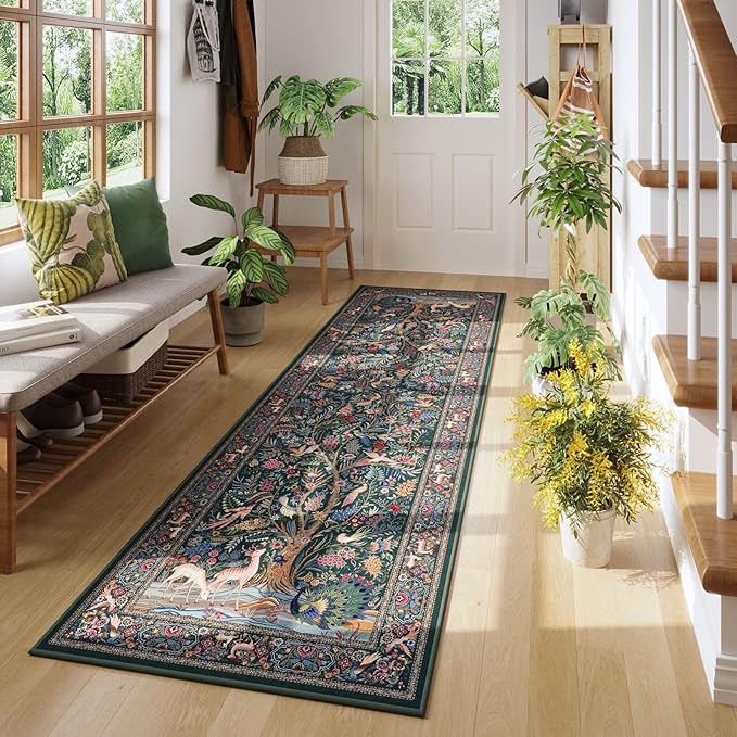 Rugcomf Runner Rug 2x6 Vibrant Tree of Life-Patterned Vintage Kitchen Rugs Non Slip Washable Soft Carpet Runner for Laundry Bedroom Bathroom, Green