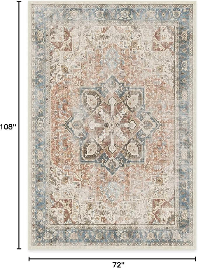 RUGGABLE Washable Vintage Area Rug – Kamran Coral 6x9, Stain-Resistant, Non-Slip – Medium Machine Washable Rugs for Living Room, Bedroom, Hallway, Entryway & Office–with Standard Pad