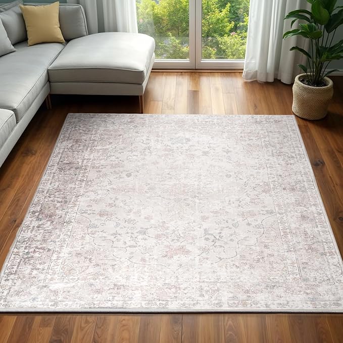 4x6 Washable Rug – Boho Non-Slip Indoor Area Rug for Living Room, Bedroom, Dining Room, Entryway –Pastel Multicolor on Cream Base