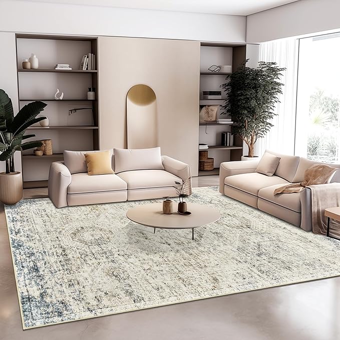 6x9 Area Rug for Living Room Washable 6x9 Non-Slip Modern Rugs for Bedroom Dinning Room Ultra-Thin Indoor Blue Ivory