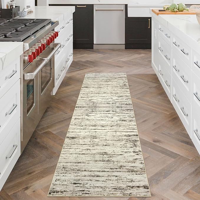 Modern Abstract Runner Rug, 2x6 Feet, Beige, Faux Wool, Machine Washable, Non-Slip, Soft, Kid & Pet Friendly
