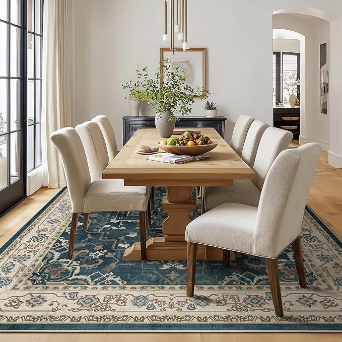 Distressed Farmhouse Area Rugs 6x9 for Living Room, Low Pile Thin Rugs for Bedroom Manchine Washable Non Slip, Medallion Pinted Carpet for Dining Room Guest Room Home Office, Deep Blue/Multi