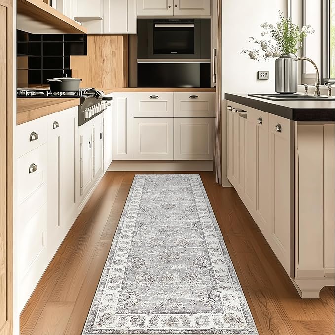 jinchan Fiora Long Hallway Runner Rug 2x12 Machine Washable Runner Rug Grey Vintage Floral Design Non-Slip Ultra-Thin for Kitchen Laundry Room Bedroom Farmhouse (2‘x12', Grey)