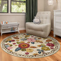 4ft Round Machine Washable Area Rug for Living Room, Beige Vintage Boho Floral Rug Large Non-Slip Low Pile Soft Faux Wool Carpet, Kids and Pets Friendly for Bedroom Nursery Farmhouse Home Decor Rug