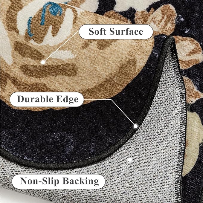 Washable Floral Area Rug 5x7 Black Living Room Carpet Scalloped Flower Non Slip Soft Bedroom Rug Farmhouse Low Pile Thin Indoor Floor Cover for Office Dining Room Kitchen Bathroom