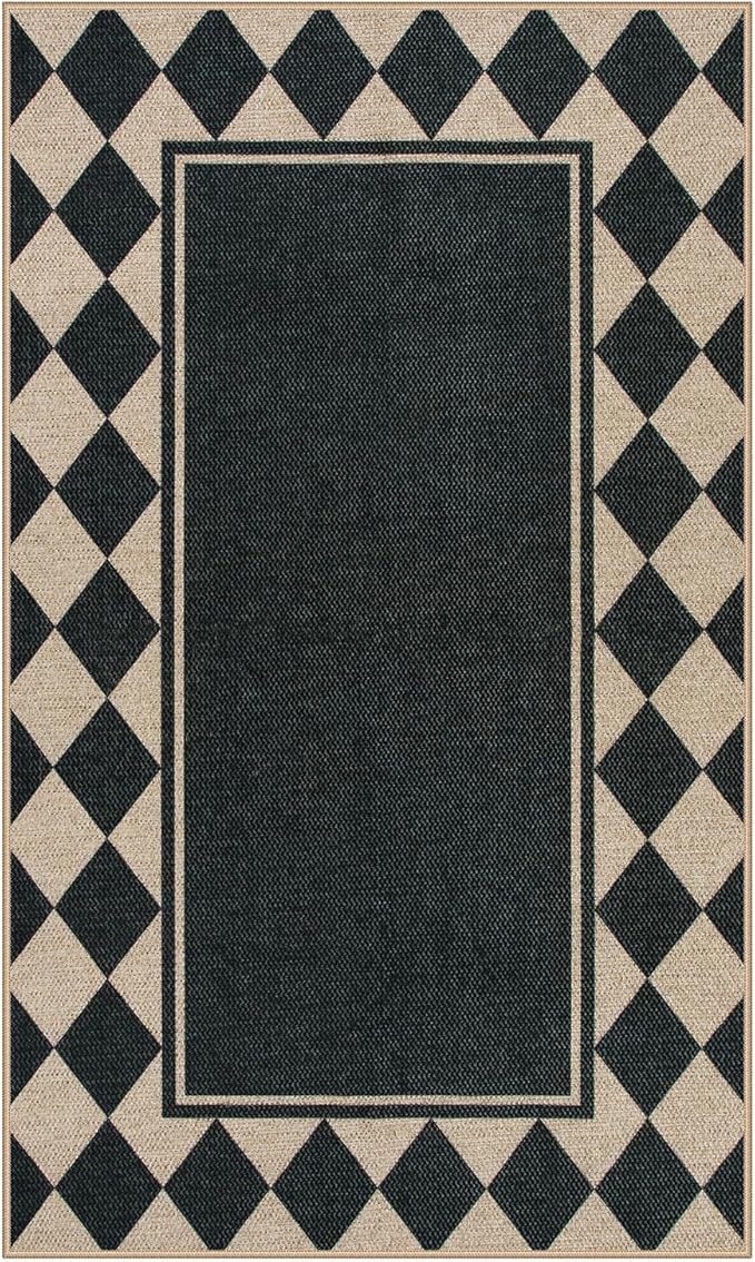 Moynesa Checkered Easy Jute Outdoor Patio Rug 3x5, Washable Indoor Outdoor Rugs for Entryway Non Slip, Farmhouse Carpet for Living Room Bedroom Kitchen Backyard Porches, Black Grid Pattern