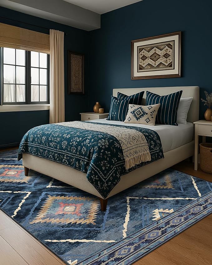 Area Rug 9x12 Rug Machine Washable Non-Slip Low Pile Print Pattern Western Rug for Living Room Bedroom Entryway Tribal Series -Darkblue