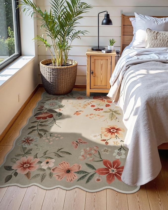 Lahome Floral Machine Washable Rug, 3x5 Rug Non Slip Soft Bedroom Rugs for Entryway Dorm, Ultra-Thin Boho Rugs for Living Room Stain Resistan Throw Carpet for Nursery Entrance,Brown