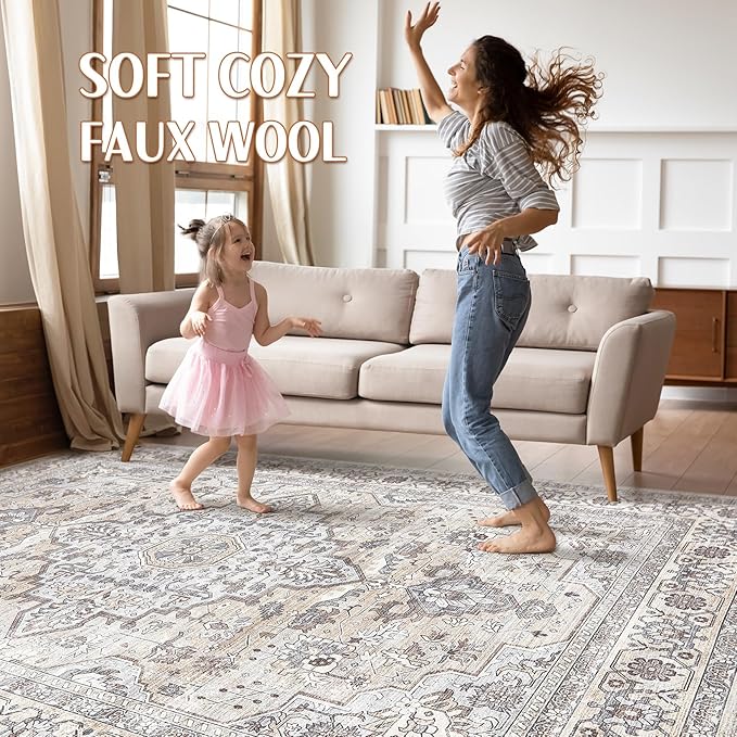8x10 Area Rugs Living Room: Washable Boho Large Neutral Vintage Soft Rugs Stain Resistant Farmhouse Non Slip Indoor Floor Carpet for Bedroom Nursery Kids Playroom Office Dining Room Home- Ivory Gray