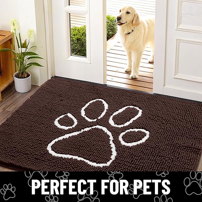 Smiry Dog Door Mat for Muddy Paws, Absorbent Dirt Trapper Non Slip Quick Dry Washable Chenille Mat for Mud Dogs, Entry Rug for Indoor and Outdoor (47x24 Inches, Brown and White)