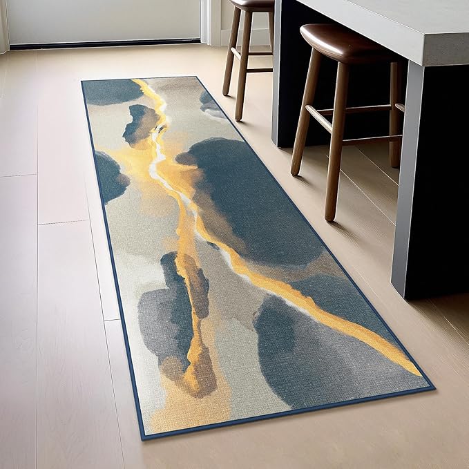 Phantoscope Washable Runner Rug 2'x6' Non-Slip, Modern Boho Hallway Rugs for Entryway, Stair, Bedroom, Dining Room, Cloudscape Golden Horizon Pattern, Low-Pile Foldable Floor Carpet, Deep Grey/Gold