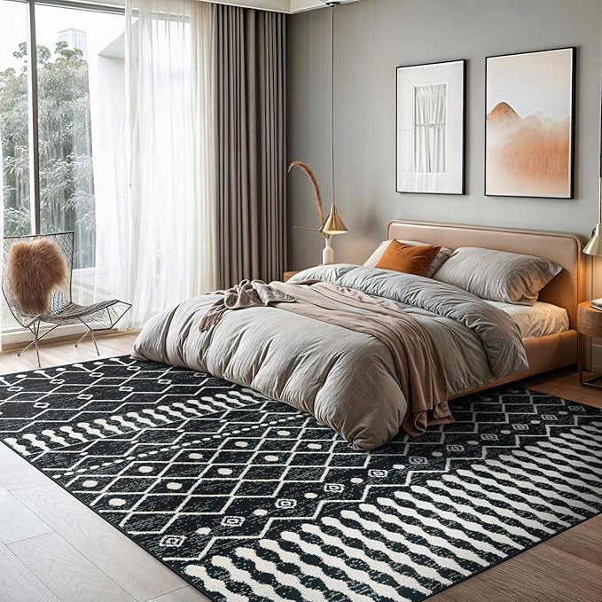 Rugshop Boho Black and White Tribal Area Rug – Geometric Diamond and Stripe Pattern Carpet for Living Room, Bedroom, or Entryway – Soft Modern Bohemian Floor Décor 7' 10" x 10' Black
