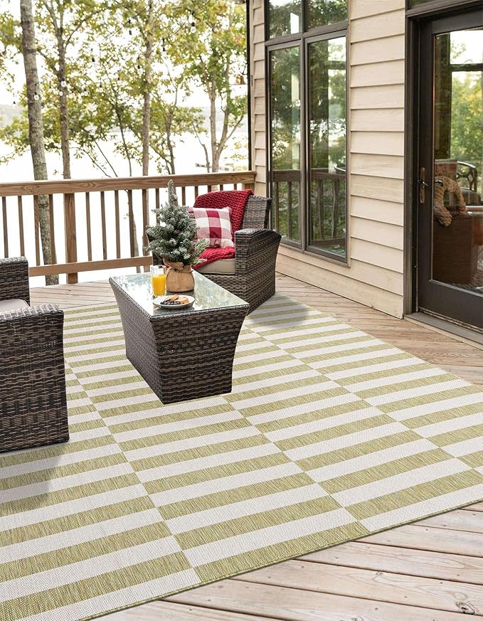 Unique Loom Outdoor Striped Collection Area Rug - Striped (5' 1" Square Green/Ivory)