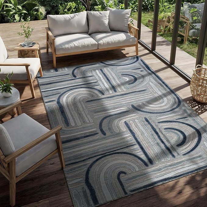 CAMILSON Indoor Outdoor Rug, Blue 10x14 Geometric Arch Striped Large Area Rugs for Patio and Home Areas, Easy-Cleaning Non-Shedding Living Room, Garden and Deck Washable Outside Carpet (10 x 14)