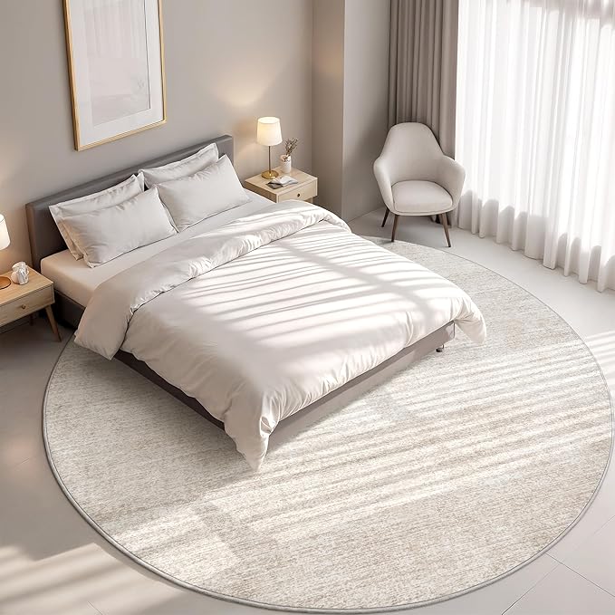 Valenrug Washable Round Area Rugs 6x6 - Stain Resistant 6ft Round Rugs for Living Room, Non Slip Backing Printed Rugs for Bedroom, Folable Machine Washable Area Rug (6ft, Beige)