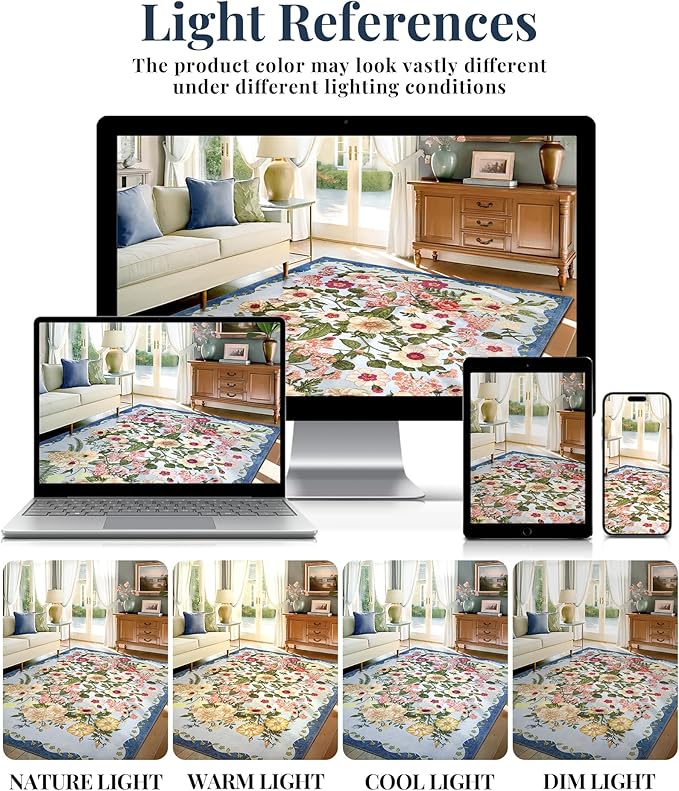 Floral Rugs for Living Room - 9x12 Soft Washable Area Rug Stain Resistant Ultra-Thin Non-Slip Low Pile Farmhouse Vintage Large Carpet for Bedroom Dining Room Nursery Home Office Decor, Blue