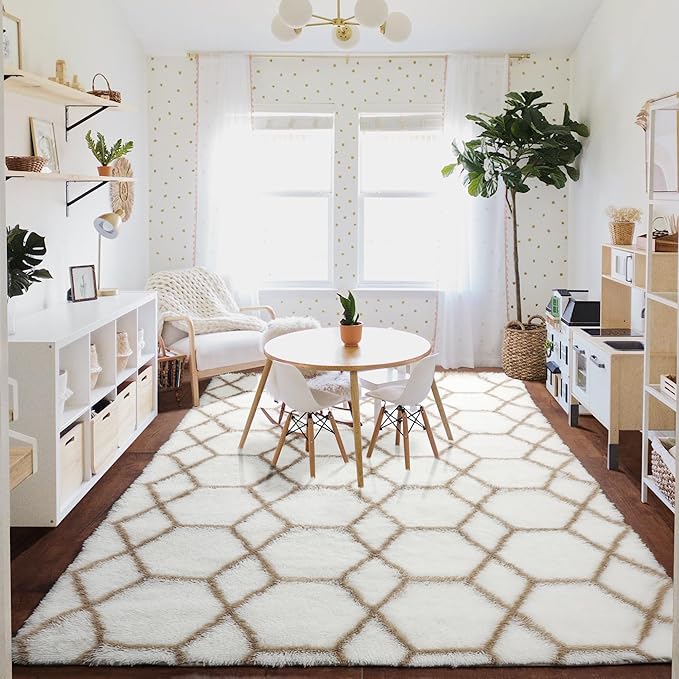ONASAR Rugs for Living Room Bedroom, 5x8 Washable Fluffy White and Beige Area Rug, Geometric Boho Soft Plush Shaggy Floor Carpet Mat for Nursery Kids Girls Boys Teen Dorm Home Decor Aesthetic
