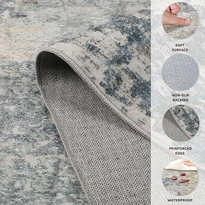 10x14 Area Rug Living Room Rugs - Washable Neutral Modern Abstract Soft Thin Large Rug Indoor Floor No Slip Rug Carpet for Bedroom Under Dining Table Home Office Decor - Blue Grey