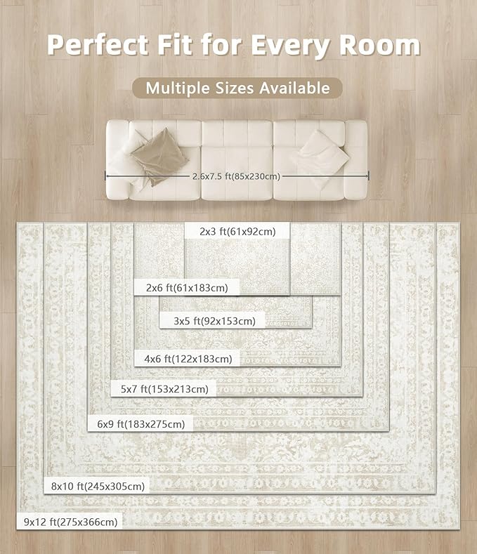 Area Rug 2x3 Entryway Rugs - Machine Washable Vintage Boho Area Rug Non-Slip Kitchen Rugs Soft Stain Resistant Indoor Door Mat, Small Floral Throw Rug for Entrance Hallway Bedroom(Cream Beige, 2'x3')