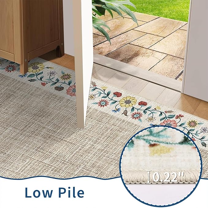GarveeHome Washable Living Room Rug 9x12 Floral Bordered Area Rugs Soft Thin Indoor Carpet for Bedroom Modern Throw Aesthetic Mat Non Slip Stain Resistant Carpet for Dining Room Office, Light Camel