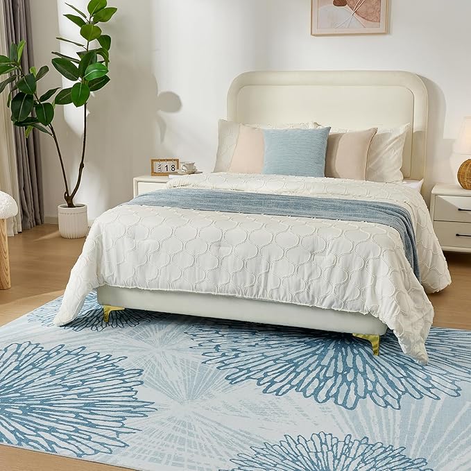 WITSHOCK 6x9 Washable Rug for Living Room,Modern Floral Distress Print Pattern Area Rugs,Stain Resistant with Non Slip Backing Carpet for Dining Room,Bedroom & Home Decor,Blue/Light Blue