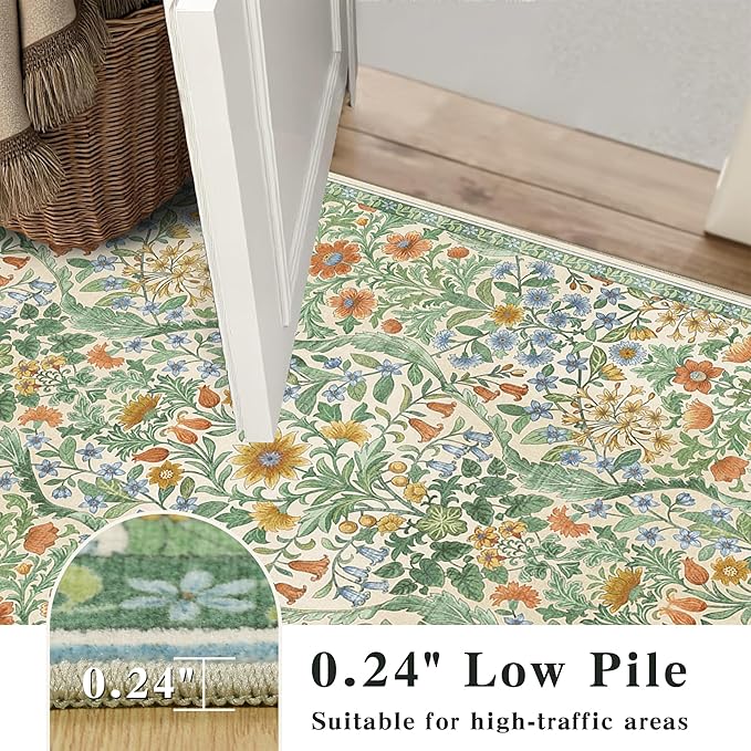 3x5 Grass Green Boho Floral Vintage Area Rug,Soft Lightweight Low Pile Non-Shedding Carpet,Machine Washable Stain Resistant & Non-Slip for Entryway,Bedroom, Kids Room,Living Room