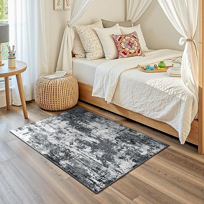 Washable Area Rugs 3'x5' Non-Slip Modern Abstract Soft for Living Room Entryway Bedroom Nursery, Print Pattern, Black Gray