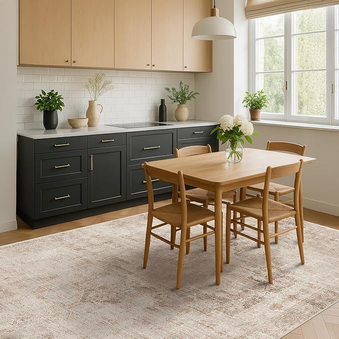 Neutral Farmhouse Area Rug for Bedroom - 6x9 Washable Rug for Dining Room Table, Ultra-Thin Soft Textured Boho Indoor Decor, Fade & Stain Resistant