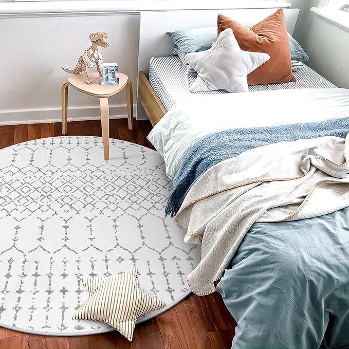 Lahome Moroccan Round Rugs 4Ft Washable Non-Slip Small Round Area Rug for Bedroom Soft White Low-Pile Round Throw Rug, Modern Geometric Print Indoor Circle Rugs for Kitchen Living Room Sofa Nursery