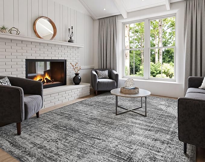 9x12 Area Rug Living Room Rugs - Washable Neutral Modern Abstract Soft Thin Rug Indoor Floor No Slip Rug Carpet for Bedroom Under Dining Table Home Office Decor - Dark Gray