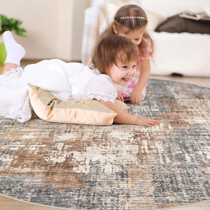8ft Round Area Rug Living Room Rugs - 8x8 Washable Large Soft Indoor Neutral Modern Abstract Low Pile Rug Carpet for Bedroom Dining Room Farmhouse Home Office - Grey Brown