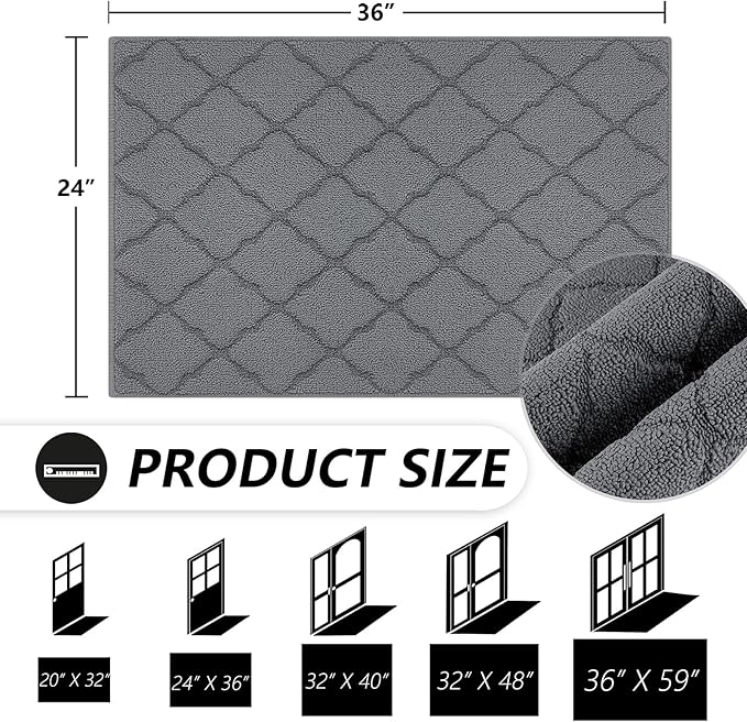 Timo Indoor Door Mat, Front Door Rug 24"x36" Rubber Backing Non Slip Absorbent Door Mats, Resist Dirt Entrance Doormat Inside Floor Mats for Entryway, Machine Washable Low-Profile Doormat, Grey