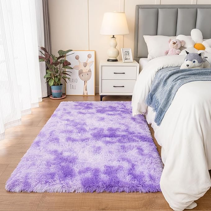 duduta Purple Plush Rugs for Bedroom 3x5 ft, Tie Dye Fluffy Shag Rug for Dorm Nursery Bedside, Machine Washable Non Slip