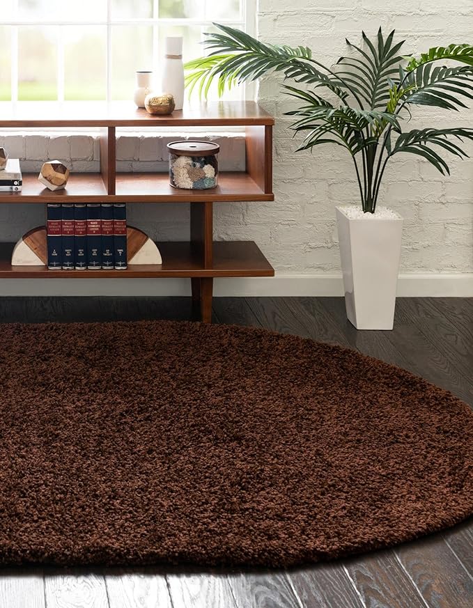 Unique Loom Solid Shag Collection Area Rug (8' x 10' Oval, Chocolate Brown)