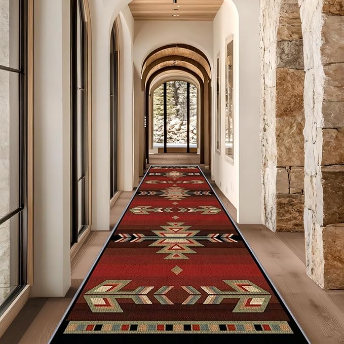 Red Arrow Runner Rug, 2x10ft Retro Geometric Hallway Runner Rug - Corridor & Busy Home Foyer Rugs, Washable Flannel Non-Slip Mat, Southwestern Tribe Decor Carpet for High-Traffic Areas
