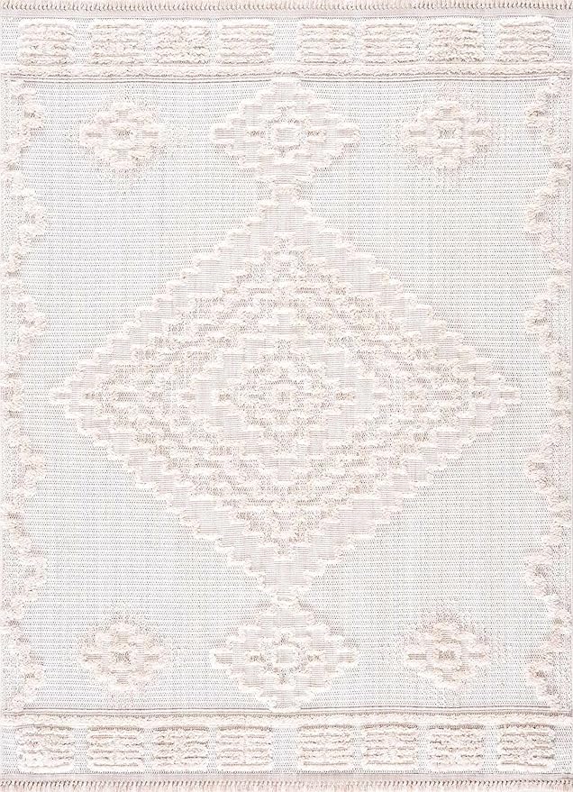 Hauteloom Rosales Farmhouse Living Room Bedroom Modern Moroccan Medallion Area Rug - Soft Shaggy High Low Carpet - High Pile - Bohemian, Boho - White, Beige, Cream - 6'7" x 9'