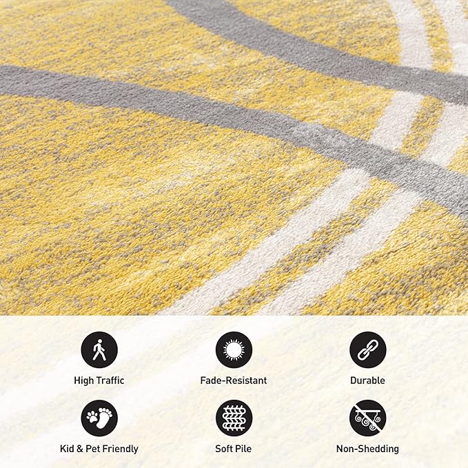 Rugshop Wavy Circles Design Area Rug, Non-Shedding Carpet for Living Room, Bedroom, or Office, Yellow, 6'6" x 9'