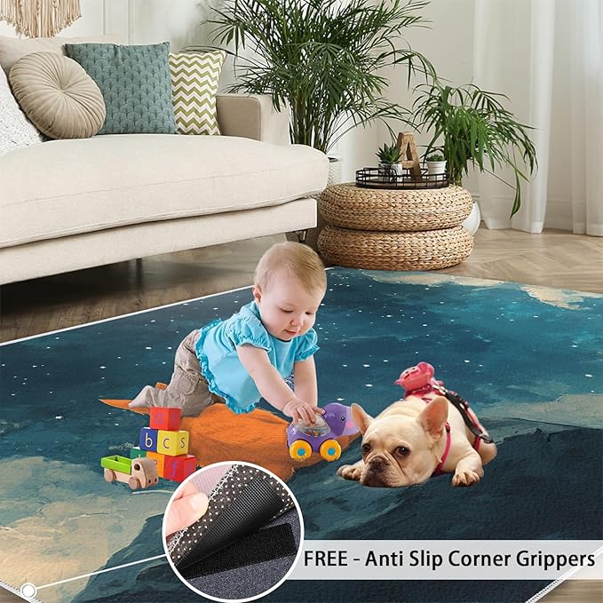 Orange Cat Rugs for Bedroom - 4x5 Area Rug - Cartoon Starry Sky Rugs for Living Room, 3D Cute Cat Rug, Non-Slip Washable Home Decor Carpet