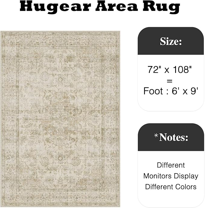 HUGEAR Retro Beige Area Rug 6x9 Machine Washable Living Room Rugs Distressed Vintage Floral Low Pile Carpet Bedroom Office Dining Room Laundry Room Non Slip Soft Lightweight