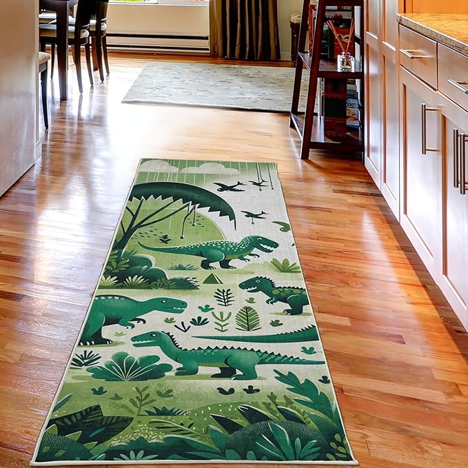 Ambesonne Dinosaur Decorative Rug, Modern Artwork of Jurassic Scenario with Dino Animals and Wild Jungle, Quality Carpet for Bedroom Dorm and Living Room, 2' 5" x 7' 5", Jade Green Teal White