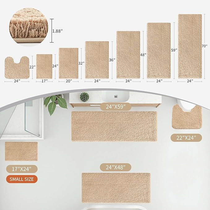 Beige Bathroom Runner Rug 24x59 Non Slip Fluffy Long Bath Mat for Bathroom Floor Washable Plush Luxury Bath Rug for Tub Absorbent Shower Sink Mat Bedside Rug
