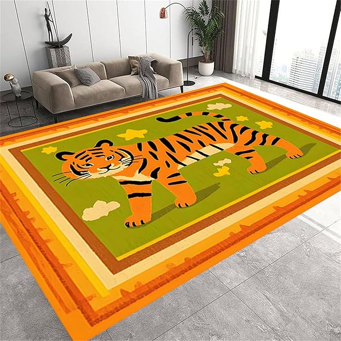 Tiger Rugs for Living Room，6x8ft,Modern Minimalist Style Orange Tiger Rug Suitable for Children's Room，Machine Washable Cute Tiger Rug for Boys and Girls Bedroom Farmhouse Restaurant
